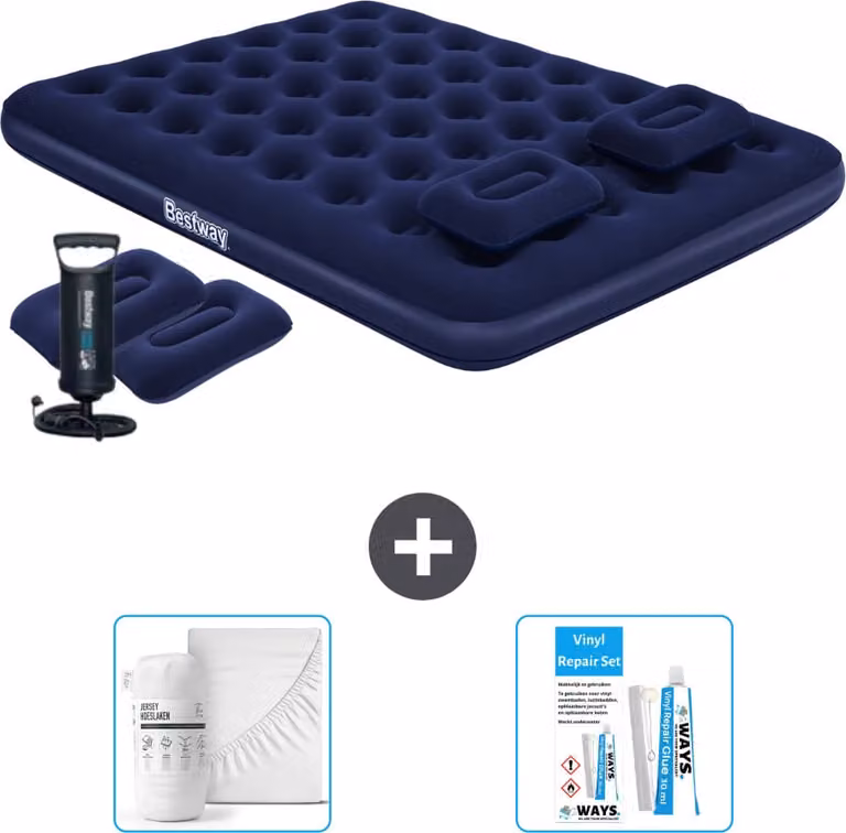 Materasso ad aria Bestway - 2 persone - 152 x 203 x 22 cm - Blu - Pompa a mano inclusa - Cuscini - Accessori