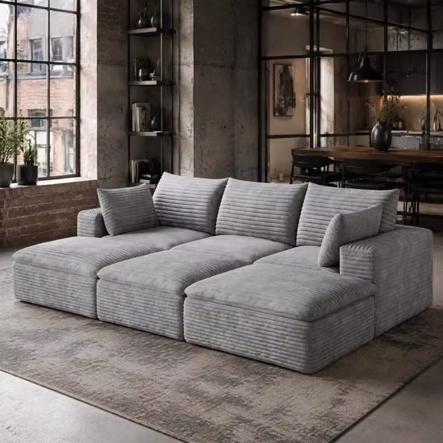 Divano modulare in tessuto grigio con imbottitura in schiuma e design componibile