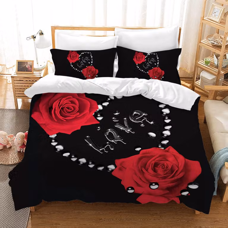 Set di lenzuola per piumino 3D con cerniera e 2 federe, motivo floreale a rose