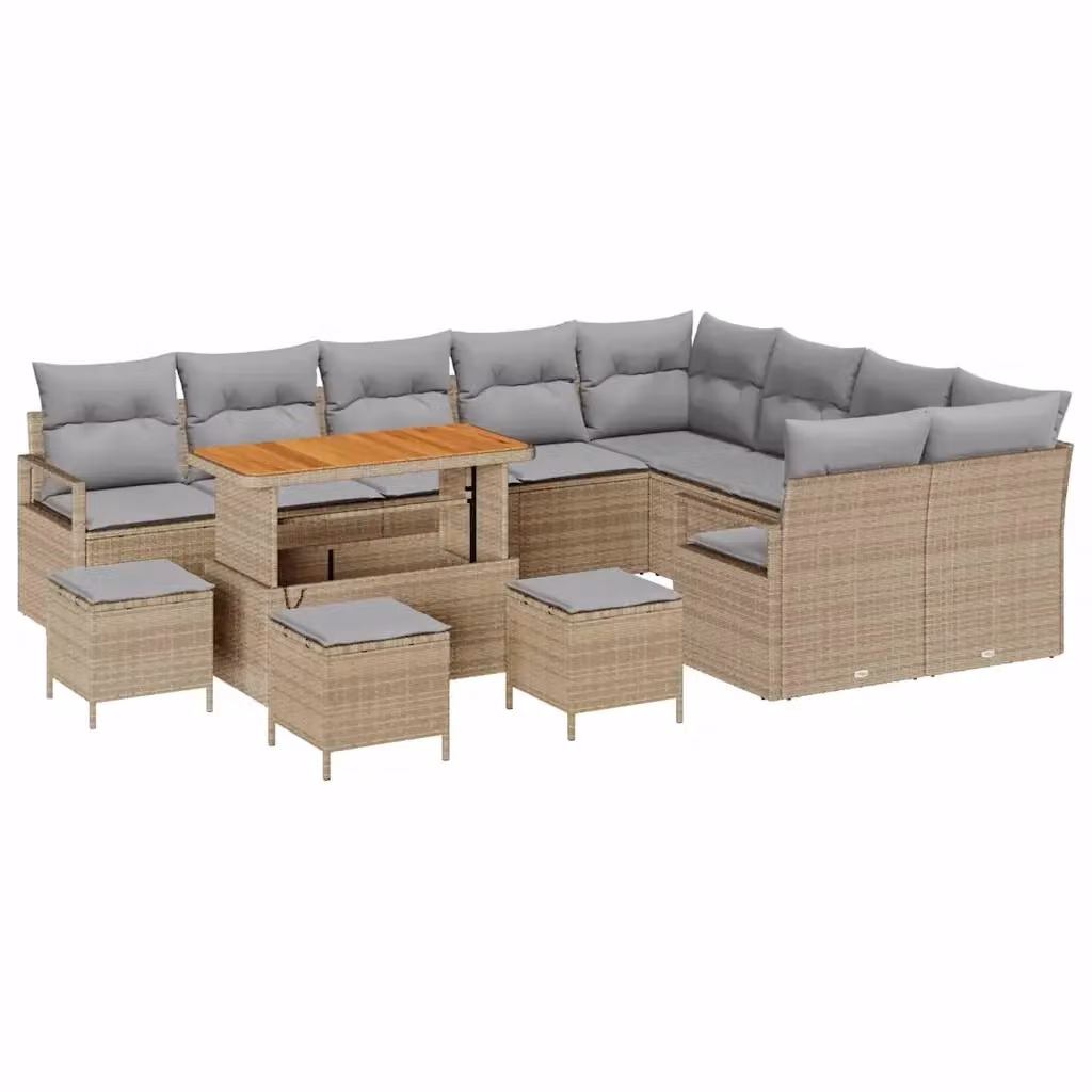 Set Divano da Giardino a Forma di U vidaXL in Polyrattan Beige con 13 Pezzi, Comprensivo di Cuscini e Tavolino da Esterno – 2