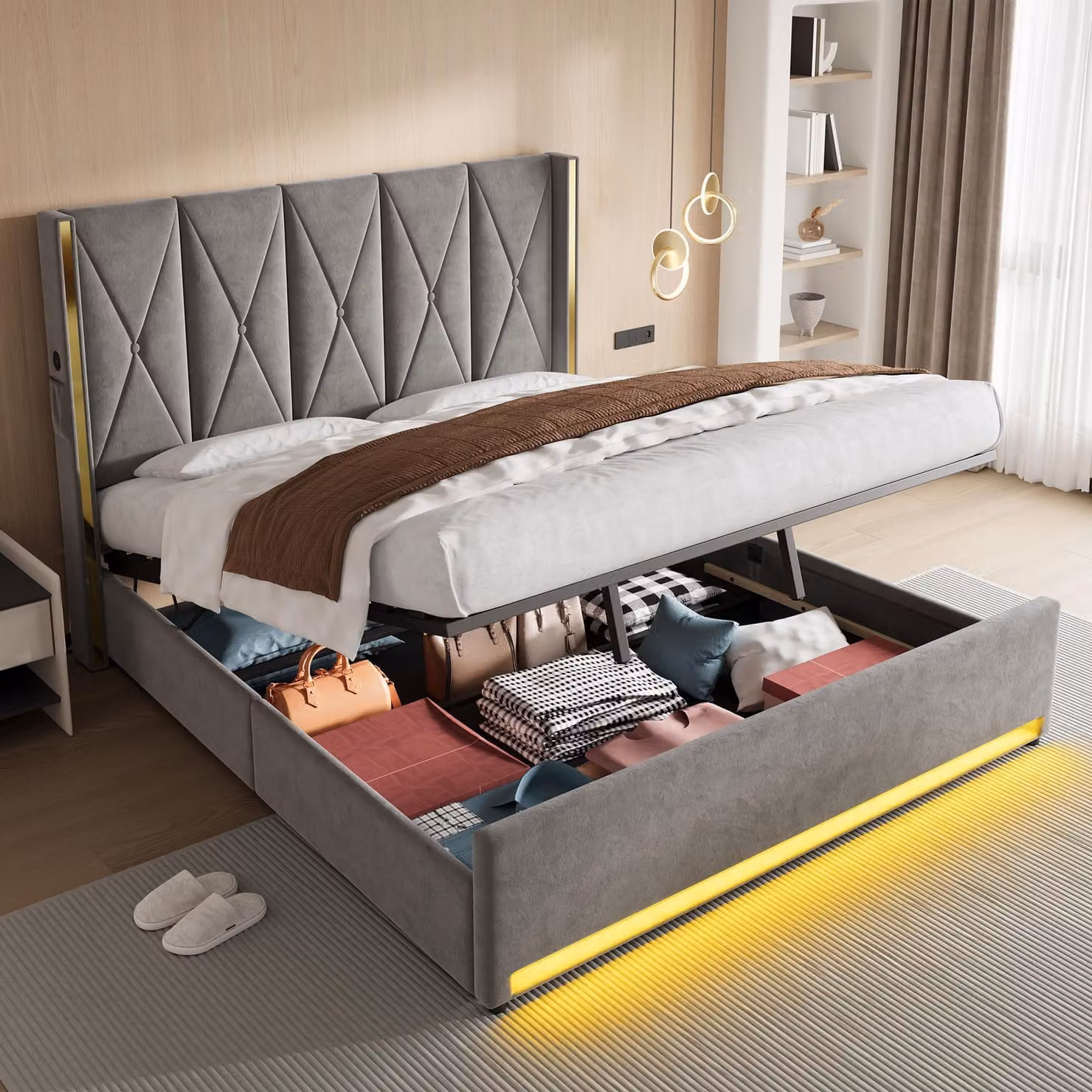 LVHOM Letto imbottito con contenitore, letto matrimoniale con luci a LED, porte USB e tasche laterali, letto funzionale, 180x200 cm, grigio