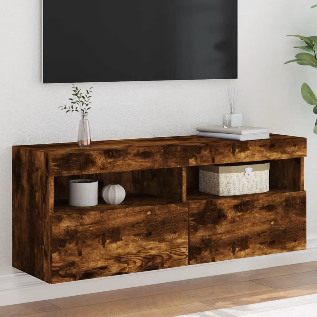 Mobile TV da parete vidaXL con luci LED integrate in Rovere Fumo L: 100 cm, P: 30 cm, H: 40 cm