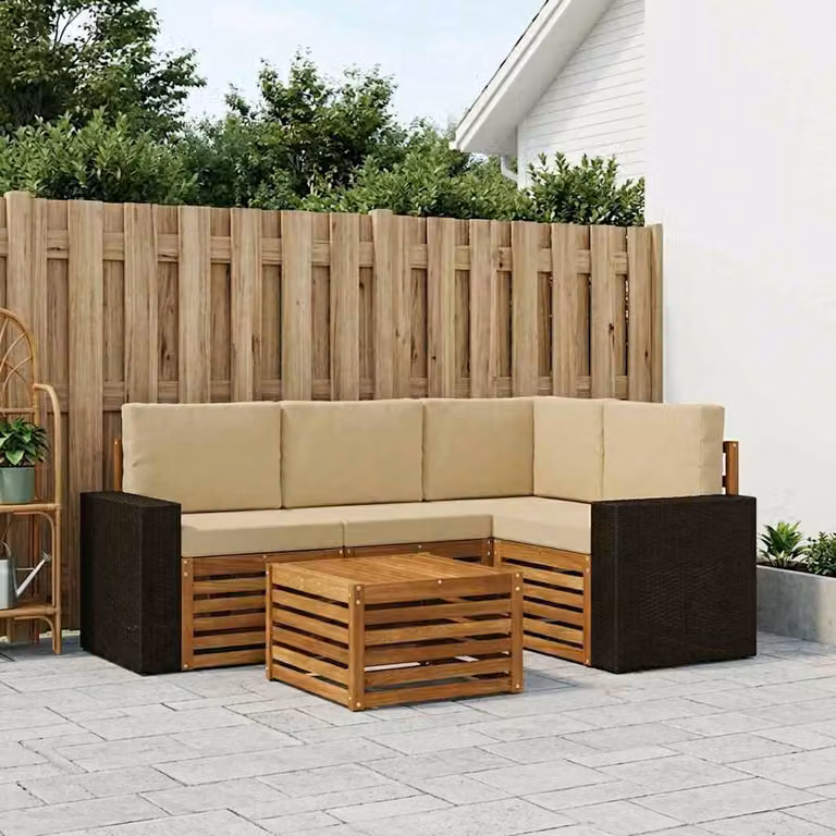 Set di divani da esterno vidaXL a forma di L con tavolino da caffè, composto da 5 pezzi in legno di acacia e tessuto beige e marrone
