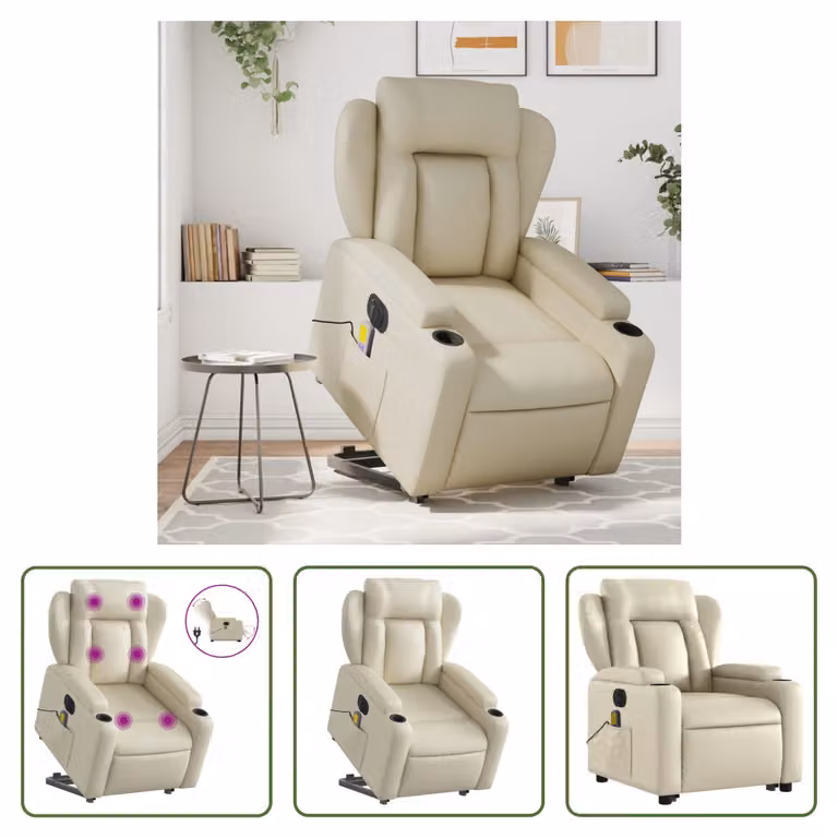 The Living Store Poltrona massaggiante con ausilio elettrico in ecopelle crema