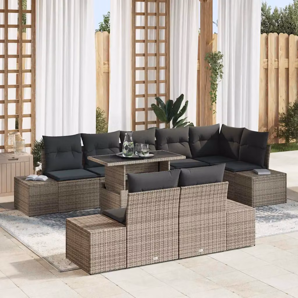 Set Divano da Giardino vidaXL in Polyrattan Grigio con Cuscini e Tavolino da Esterno a Forma di U, 9 Pezzi – 1