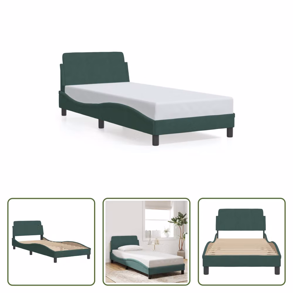 The Living Store Struttura letto con testiera in velluto verde scuro 80x200 cm