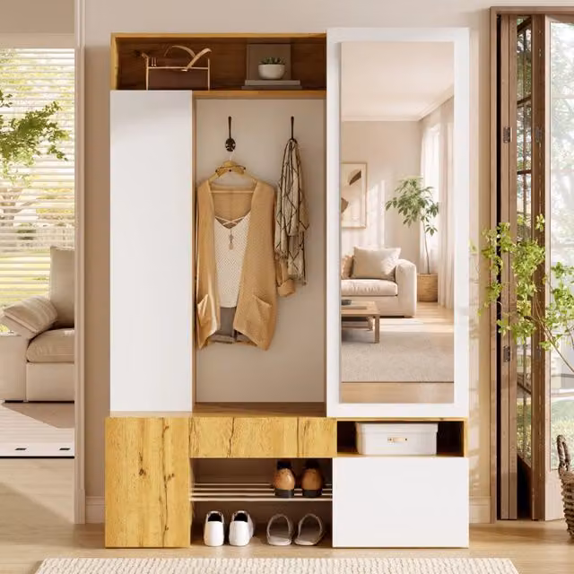 Mobile da ingresso con specchio, scarpiera, appendiabiti con asta e ganci, in MDF bianco naturale, 127 × 35 × 180,5 cm