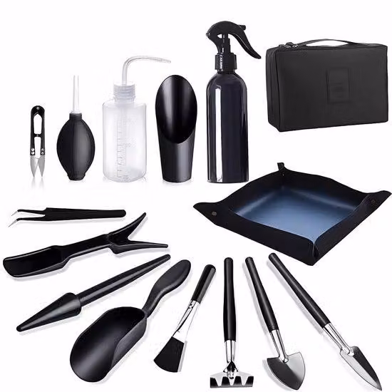 Set di 15 utensili per bonsai Unyqoos® per la cura delle piante: utensili in ferro resistenti alla ruggine, con rivestimento in smalto porcellanato, impugnature antiscivolo e borsa in cotone Oxford