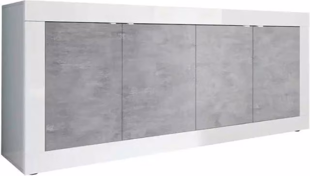 Buffet 4 porte, collezione ISORA, bianco lucido laccato/rovere chiaro, ideale per soggiorno moderno