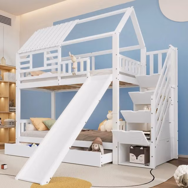 Letto a castello REDOM per bambini con struttura a casetta, scivolo, scala con contenitore e cassetti, colore bianco, L/P/H: 200 x 90 x 107,5 cm