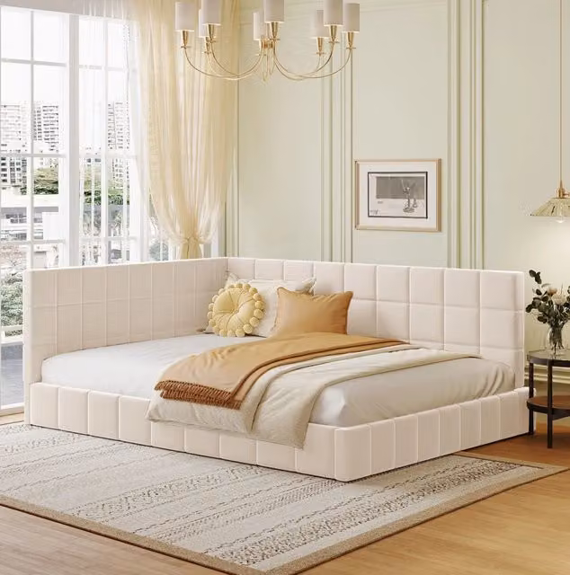 Letto da giorno 140x200 cm; design Mid-Century; tessuto beige (Senza materasso)