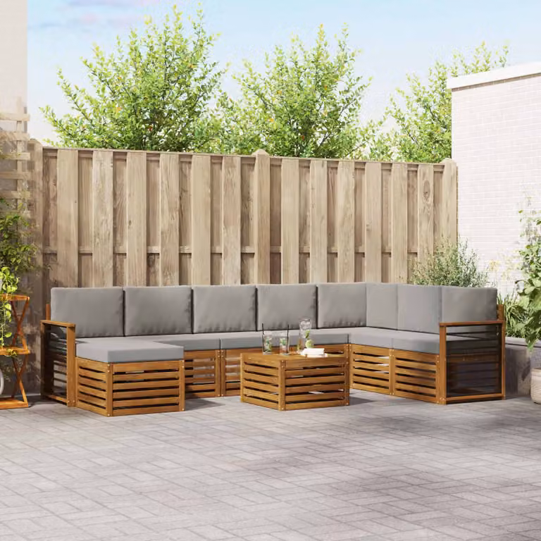 vidaXL Set di divani da esterno a L in legno di acacia con 9 pezzi, Grigio e Marrone