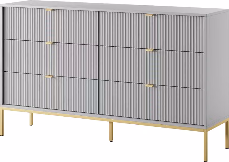 Cassettiera: 6 cassetti, grigio, gambe dorate, 154 x 39 x 83 cm