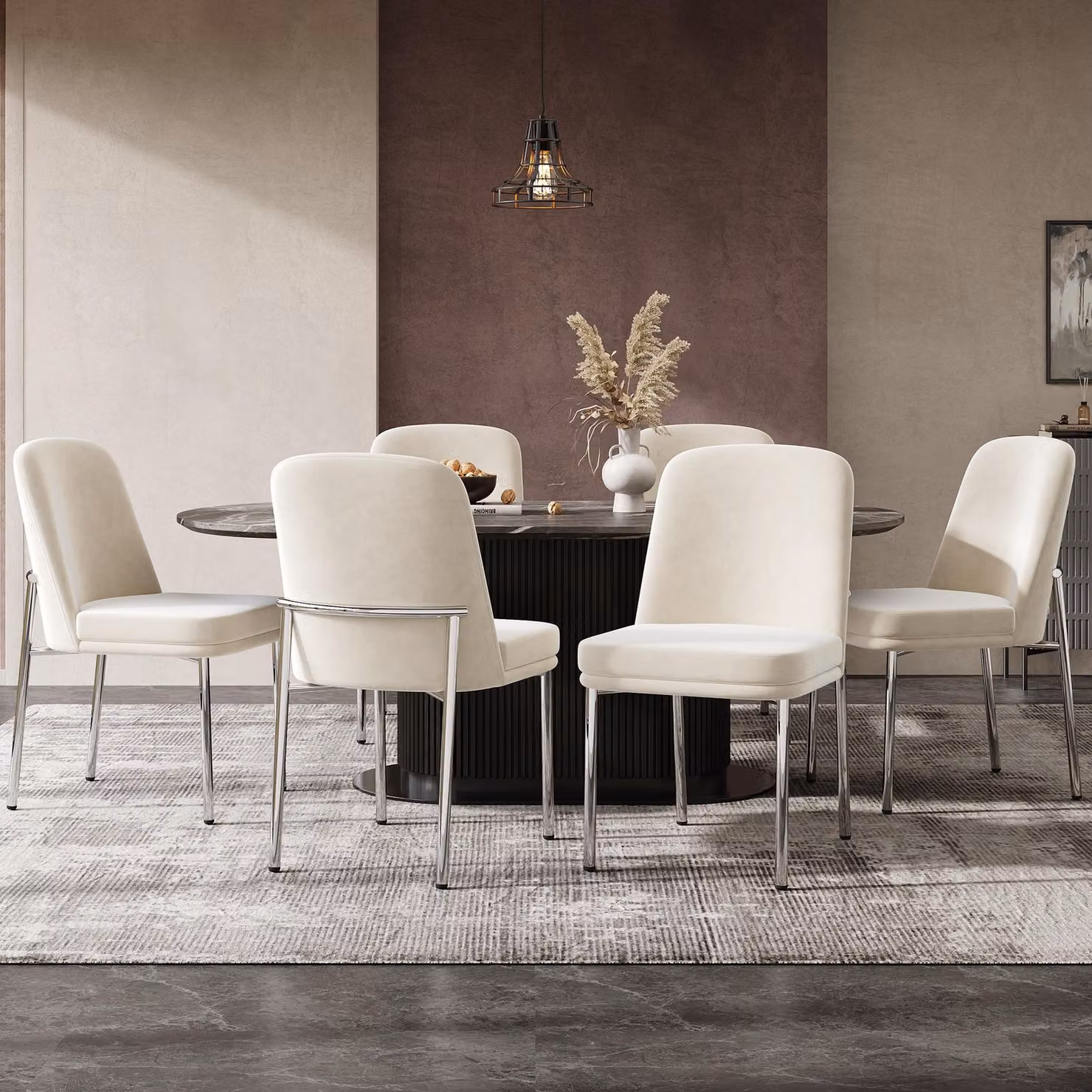 Set di 6 sedie da pranzo Fliek, sedie da cucina con cuscini di seduta imbottiti, sedie imbottite con gambe in metallo, sedia da salotto in velluto, 53x42,5x82 cm, beige