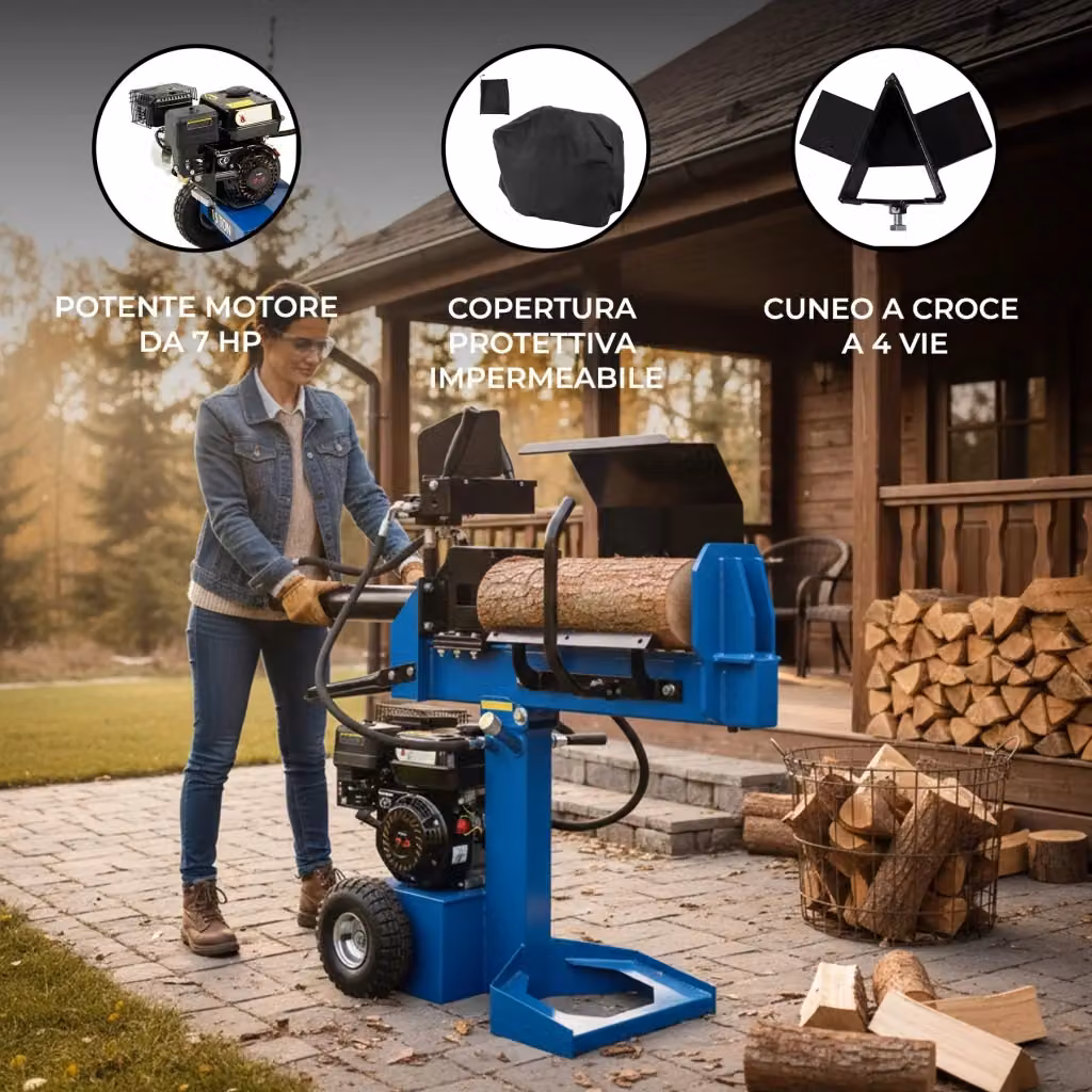 Spaccalegna Idraulica Monstershop da 15 T con Motore a Benzina 7HP, Posizione Orizzontale e Verticale, Colore Blu – 2