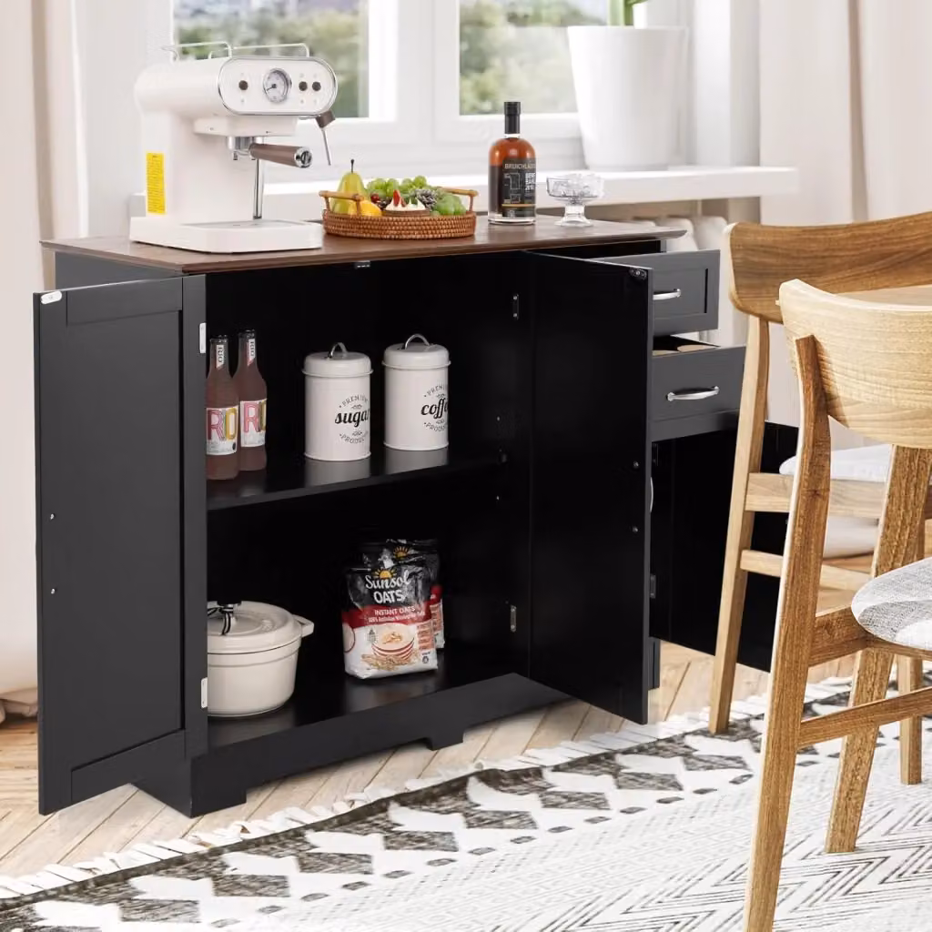Credenza Buffet Moderno Costway con 2 Ante e 2 Cassetti, Armadio da Stoccaggio per Cucina, Sala da Pranzo o Camera da Letto, L: 100 cm, P: 40 cm, H: 78 cm, Nero o Bianco – 2