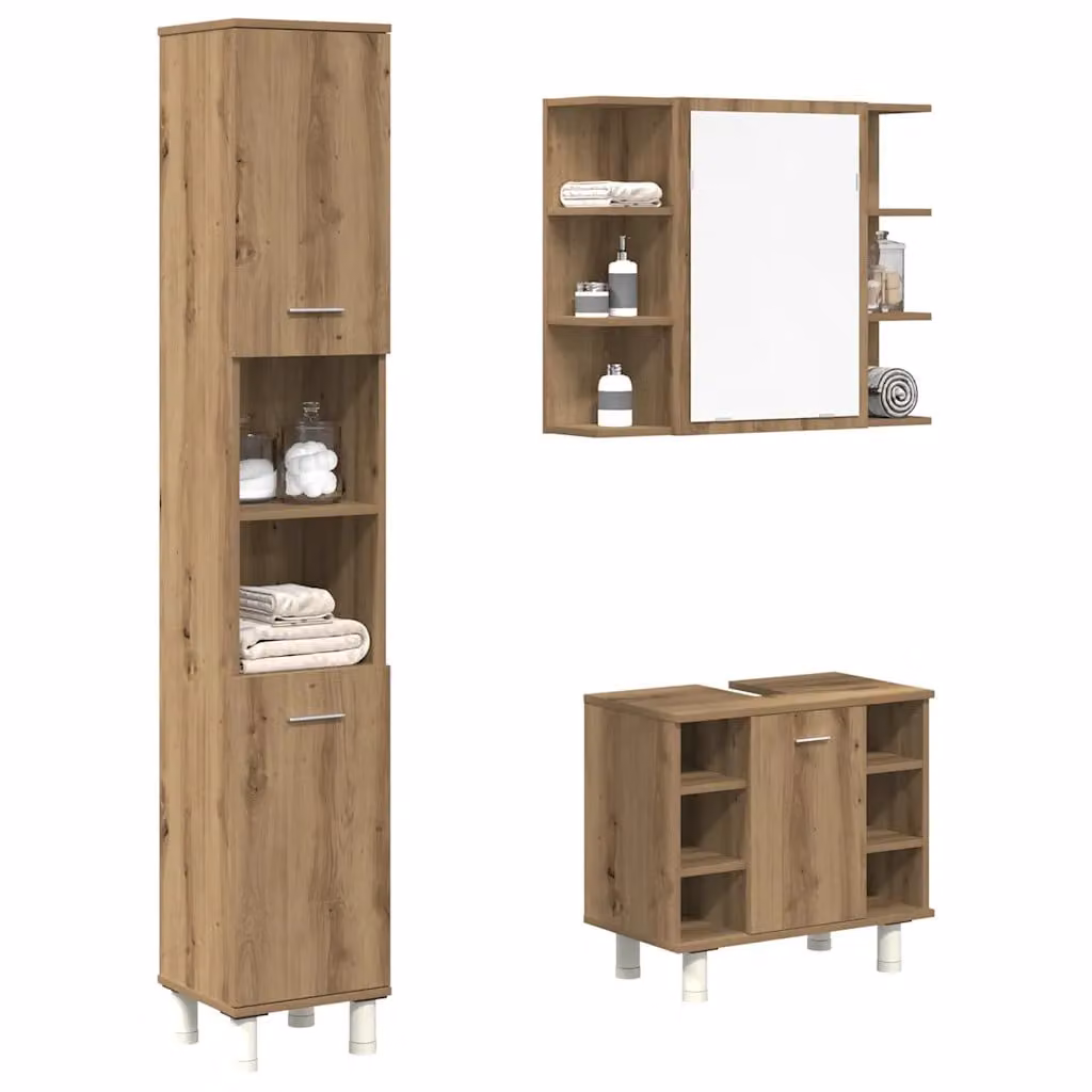 Set di mobili da bagno moderno vidaXL in legno color rovere marrone composto da 3 pezzi con armadietto specchio, mobile lavabo e colonna alta