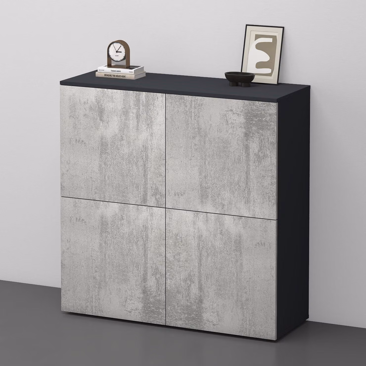 doporro Mobile Organizzatore Credenza Buffet in Legno con 4 Ante Push-to-Open e Soft-Close per Soggiorno, Sala da Pranzo o Ingresso, 100x36,4x100 cm Antracite opaco e Calcestruzzo Schrank04