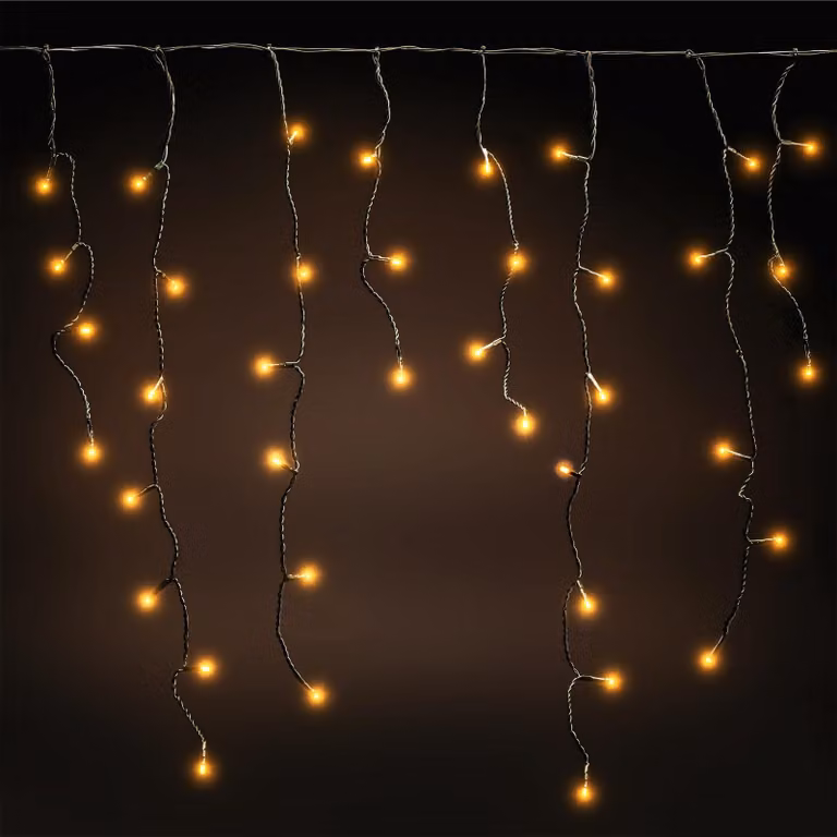 Catena luminosa a LED a forma di stalattiti, 10 metri, 600 LED, luce bianco caldo, grado di protezione IP44, 8 modalità