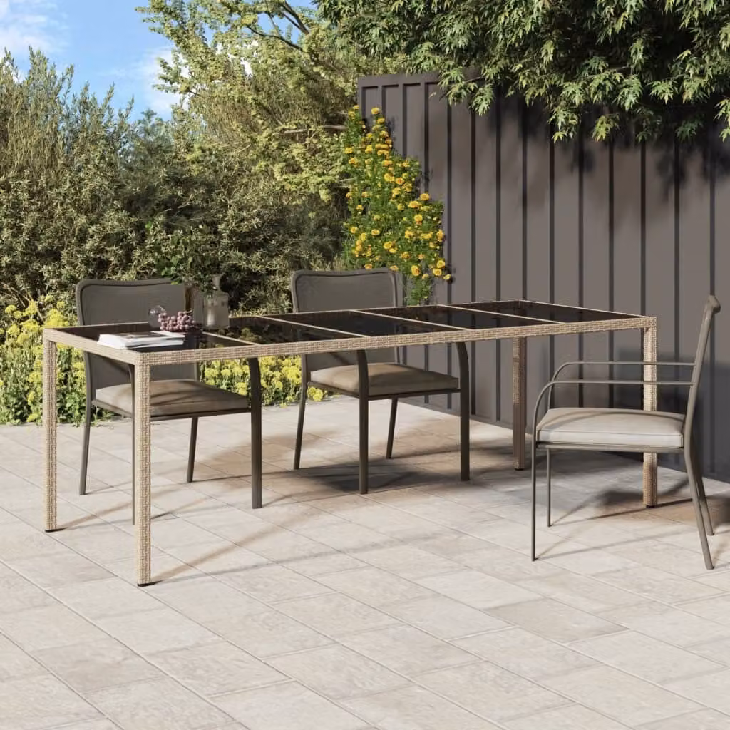 The Living Store Tavolo da giardino Beige 250x100x75 cm in vetro temperato e poly rattan