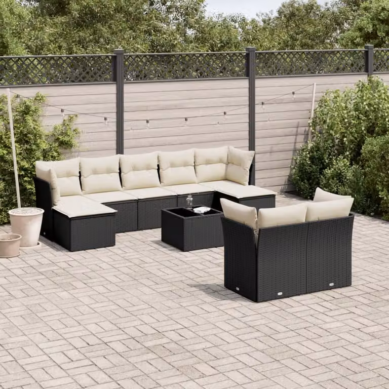 Set di divani da giardino vidaXL in polyrattan nero con cuscini e tavolino da esterno