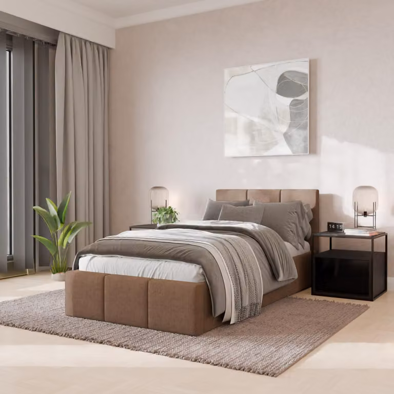 Muralo Letto imbottito per camera da letto Letto imbottito con rete e molla a gas Letto con testiera imbottita Letto singolo 90x200 Letto con contenitore Beige