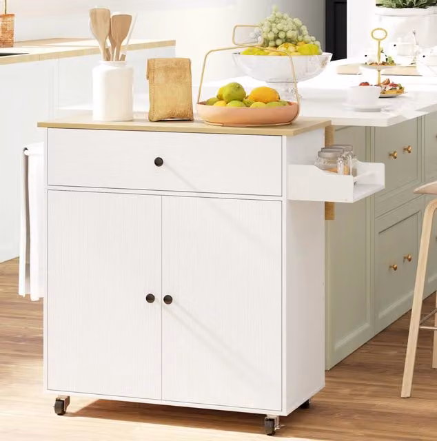 Isola da cucina mobile con piano ribaltabile, cassetto, armadietto e ruote, bianco, 106x42x87 cm