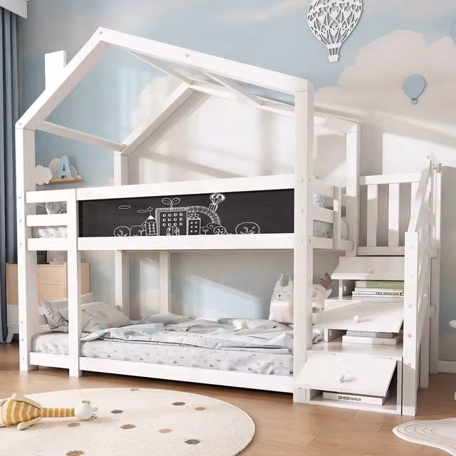 Letto a castello per bambini ¨C Minimal ¨C Bianco 90x200cm con rete a doghe e cassetti