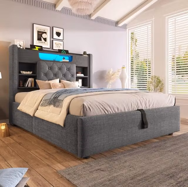 Letto 90x200 cm con contenitore idraulico, LED e porte USB, in lino grigio