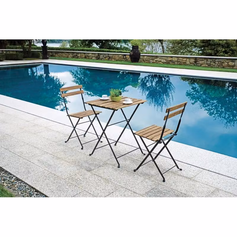 Set Bistrò Moia in Ferro e Acacia FSC con Tavolo e 2 Sedie, Colore Nero e Marrone, L/P/H: 55 x 55 x 71 cm