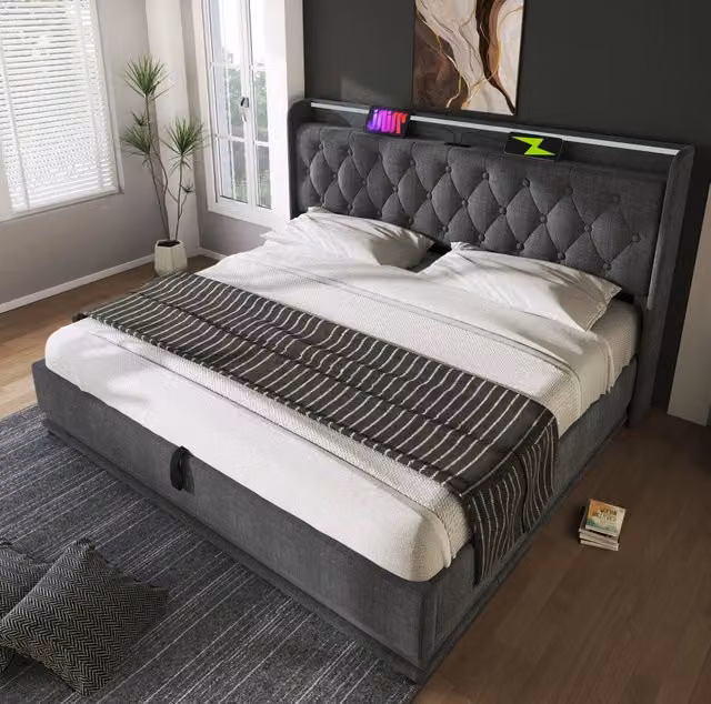 Letto matrimoniale 160x200 cm grigio in lino, LED e vano contenitore, senza materasso