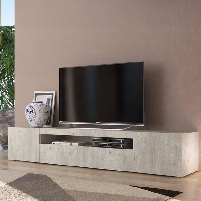 Mobile da soggiorno Porta Amore, Made in Italy, Supporto per Amore da salotto a 3 ante e ripiani, cm 200x40h37, Cemento