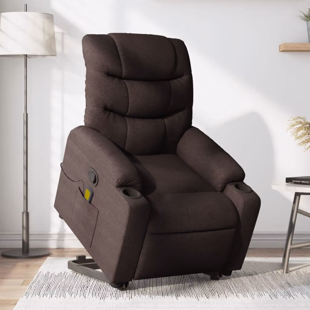 vidaXL Poltrona Alzapersona Reclinabile con Massaggio in Tessuto Marrone Scuro – 1