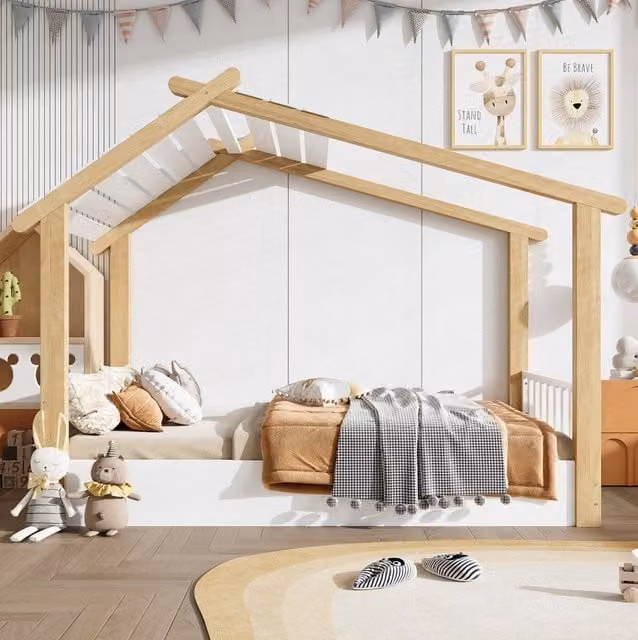 Letto singolo per bambini a forma di casetta 90x190 cm in legno e MDF; bianco e naturale