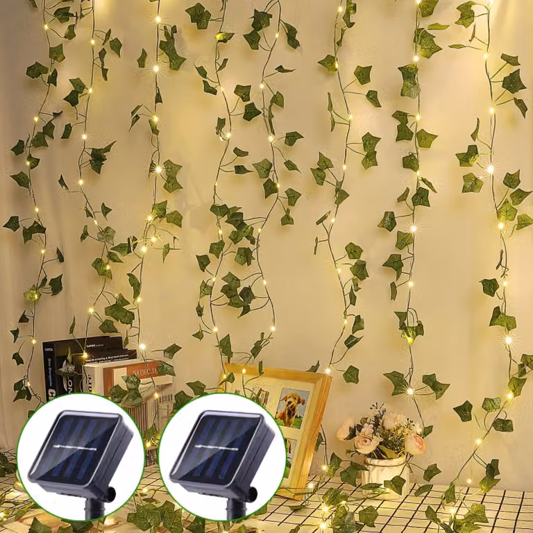 Set di 2 catene luminose solari, 200 LED, 20 metri, edera artificiale, 8 modalità, grado di protezione IP65