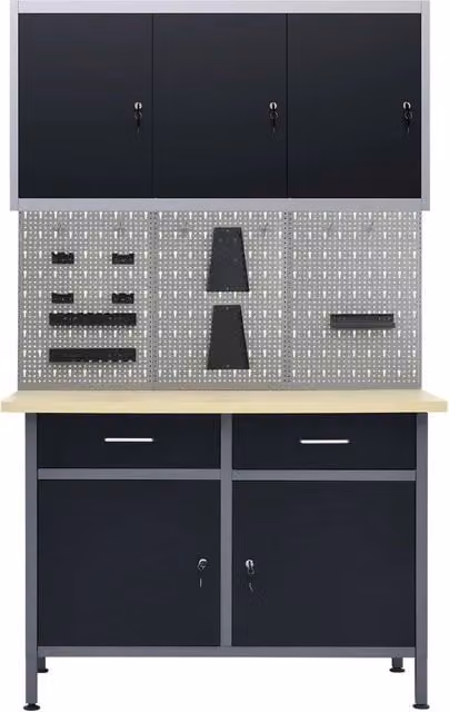 Banco da Lavoro vidaXL in Acciaio con 3 Pannelli Forati e 1 Armadietto, Regolabile in Altezza, Grigio e Nero, L/P/H: 120 x 50 x 85 cm