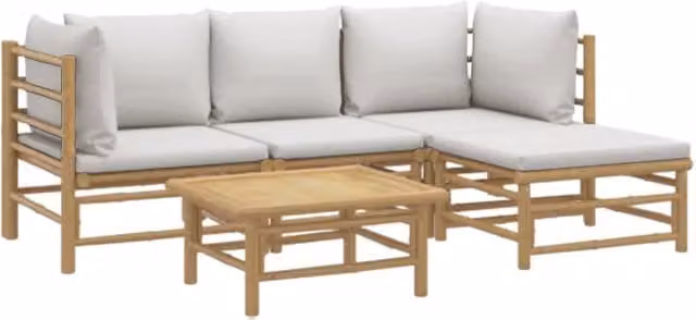 Set di mobili da giardino Outsunny in bambu con 5 pezzi e cuscini grigi per esterni