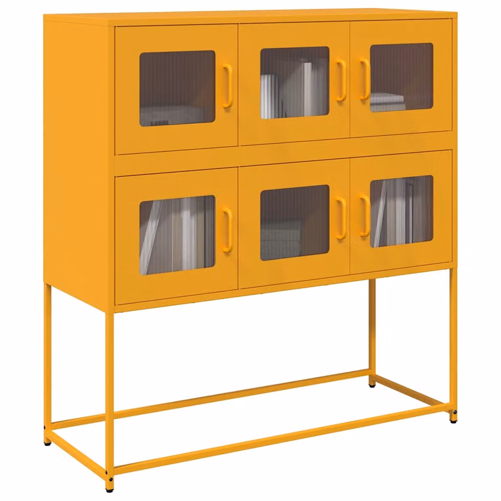 Credenza moderna vidaXL in metallo giallo con ante in vetro e ripiani interni L: 100,5 cm, P: 39 cm, H: 107 cm