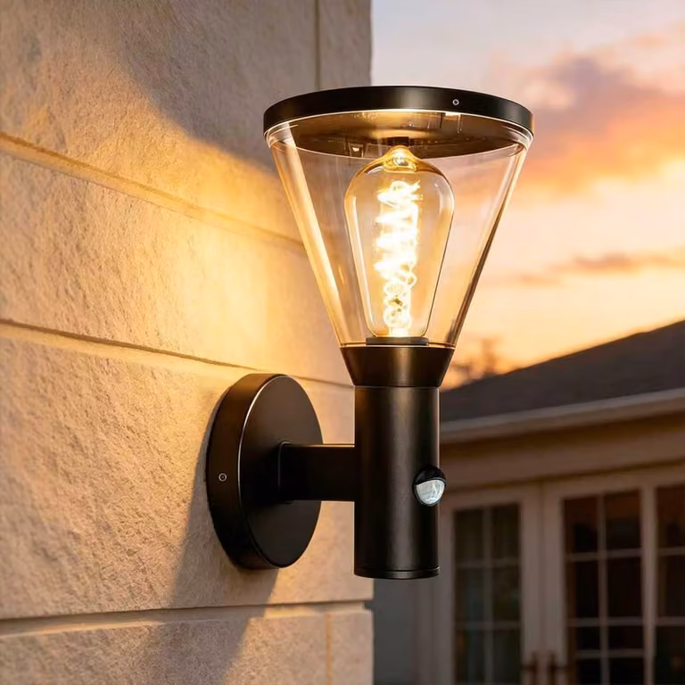 Lampada da parete con sensore di movimento, alluminio, attacco E27, grado di protezione IP54, colore nero