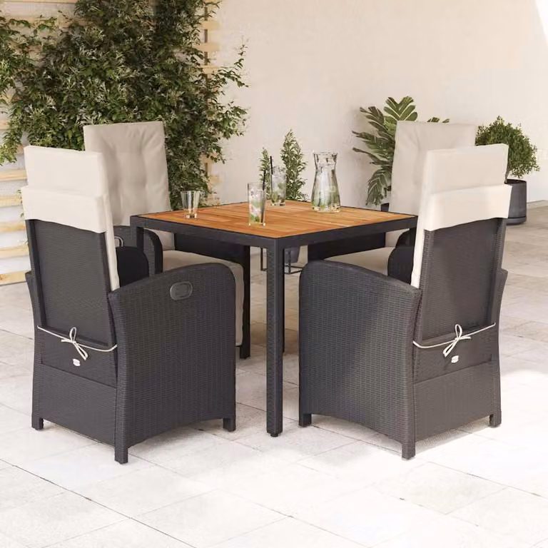vidaXL Set da Pranzo da Giardino 5 pz in Polyrattan Nero con Cuscini e Tavolo in Legno di Acacia
