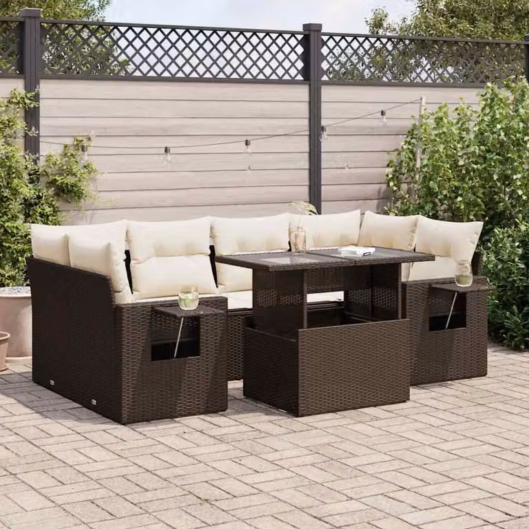 Set Divani da Giardino vidaXL 7 Pezzi a Forma di L con Cuscini e Tavolino, Polyrattan Marrone e Bianco