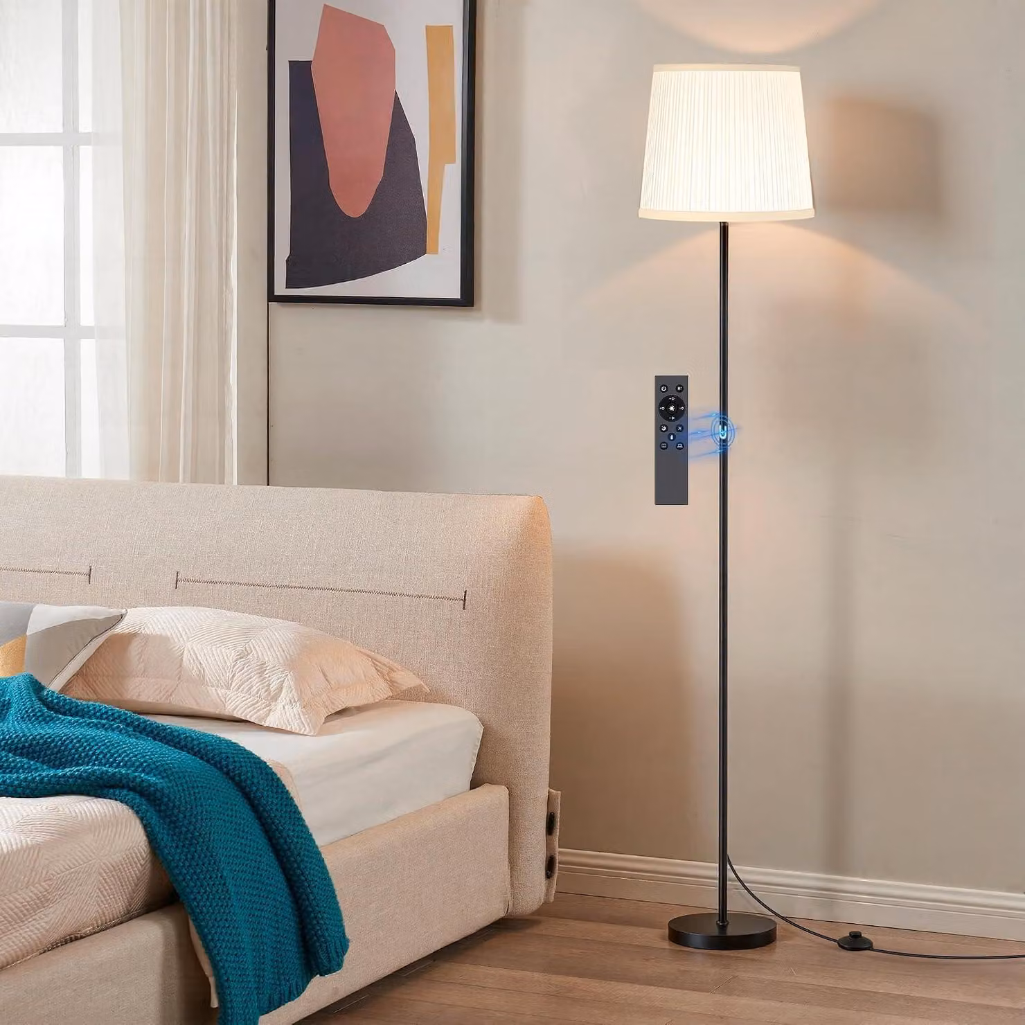 Lampada da terra LED, dimmerabile, 9W, con telecomando e interruttore a pedale, temperatura di colore regolabile da 3000 a 6000K, colore bianco, design plissettato