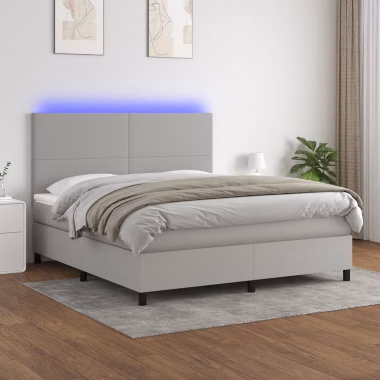 The Living Store Letto a molle con materasso e LED in tessuto grigio chiaro 160x200 cm