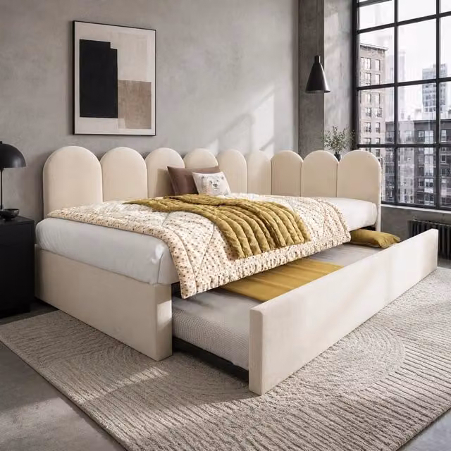 Letto daybed 90x200 cm con letto estraibile 90x190 cm in velluto beige