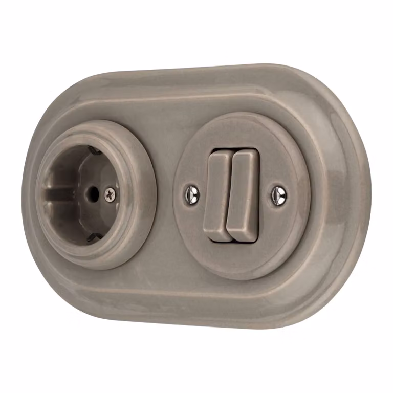 Presa di corrente retrò in porcellana da incasso, doppio interruttore, 2 ingressi, tutto in uno, serie SET PR1 grigio beige
