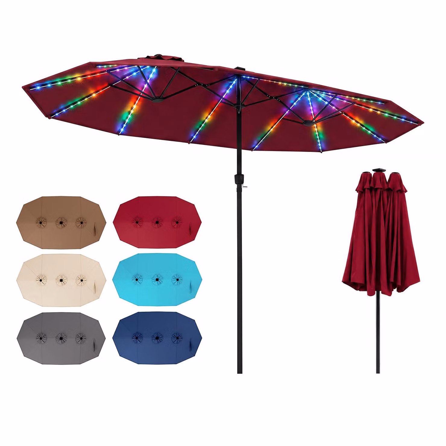 COSTWAY, ombrellone doppio, 440x260 cm, ombrellone da terrazza con manovella, illuminazione solare a LED, 12 modalità di illuminazione e 2 opzioni di ricarica, ombrellone da giardino, ombrellone da mercato, colore rosso