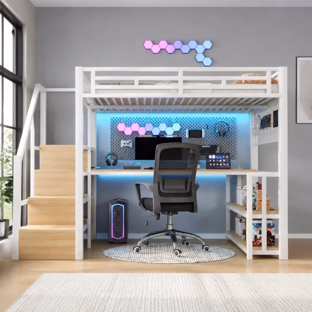 Letto a soppalco MIVRAY bianco con scrivania, scala contenitore, ripiani e illuminazione LED con porte USB e Type-C, L/P/H: 200 x 140 x 252 cm – 2