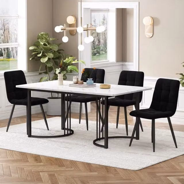 Set tavolo e 4 sedie Mivray moderno con tavolo rettangolare in MDF bianco lucido e sedie in velluto nero con gambe in metallo