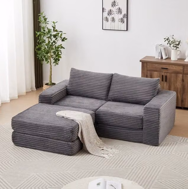 Divano letto modulare 194x169,5x74 cm grigio con pouf amovibile in tessuto a coste
