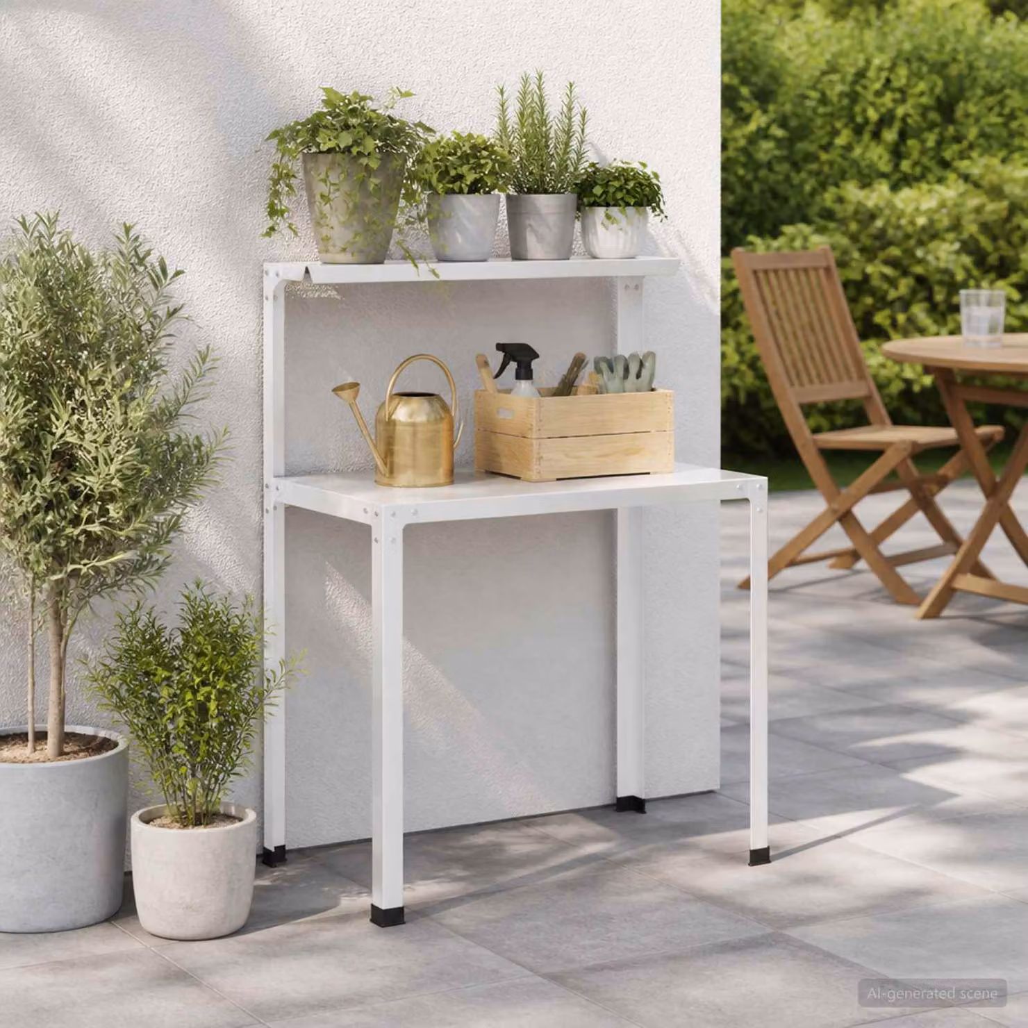 vidaXL Tavolo da rinvaso in metallo bianco per giardino e terrazzo L/P/H: 100 x 50 x 104 cm